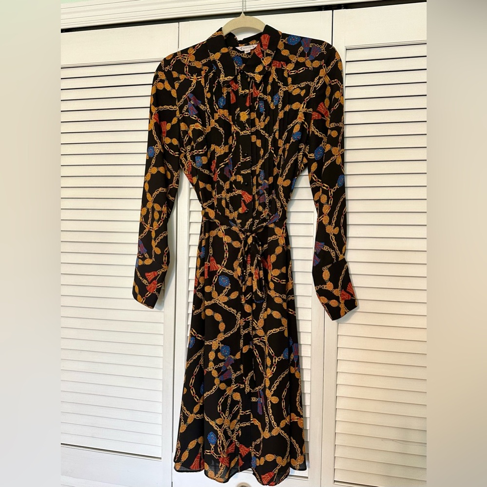 Nanette Lepore Black Long-Sleeve Chain & Tassel Print Shirt Dress